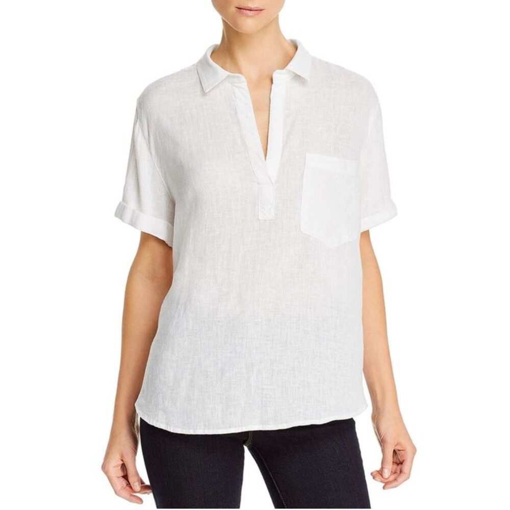 Rails Womens Savannah White Linen Blend Cuffed Sleeve V-Neck Top Shirt Sz Small